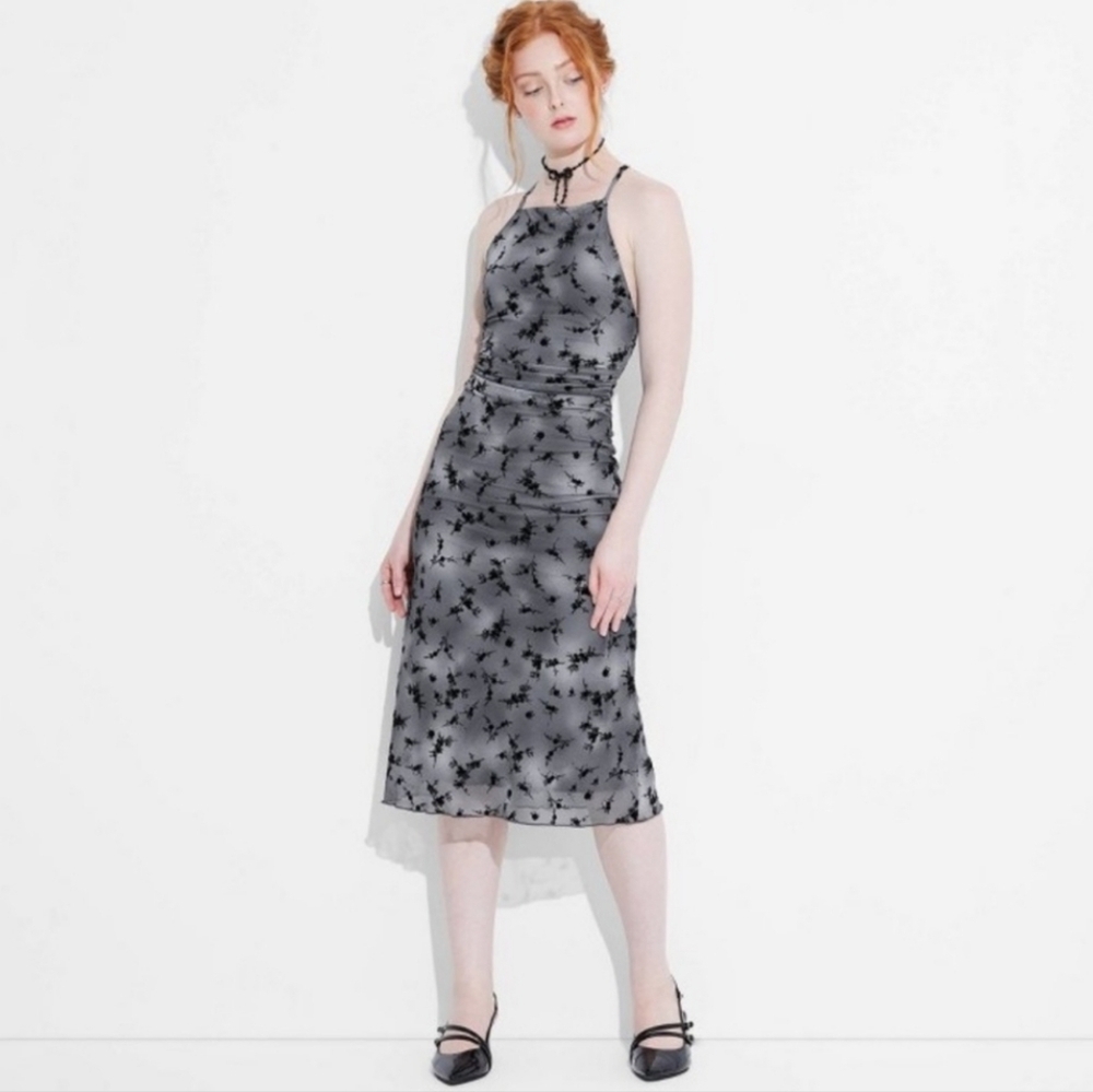 Women's Flocked Mesh Midi Slip Dress - Wild Fable Grey/Black Floral XXS